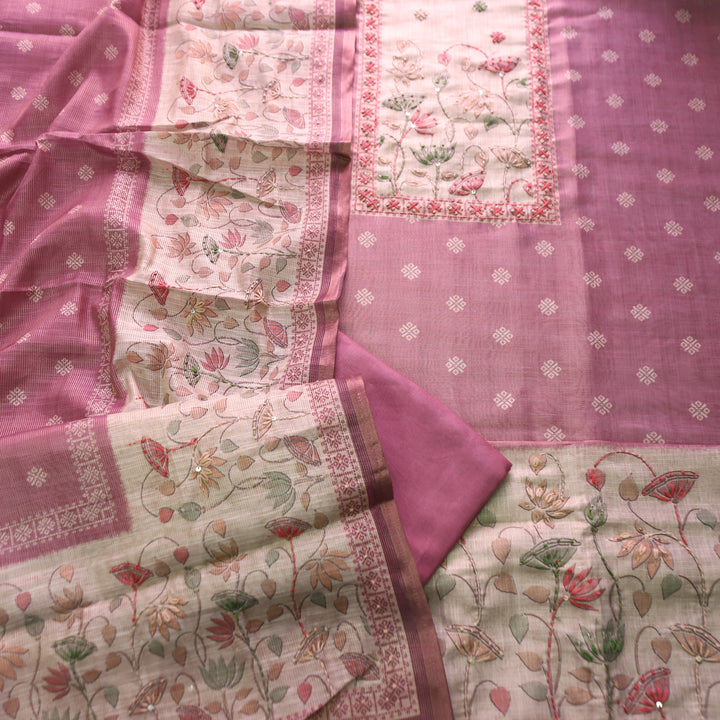 Mahira Mauve Pink French Knot Work in Floral Printed Shimmer Tissue Linen Set