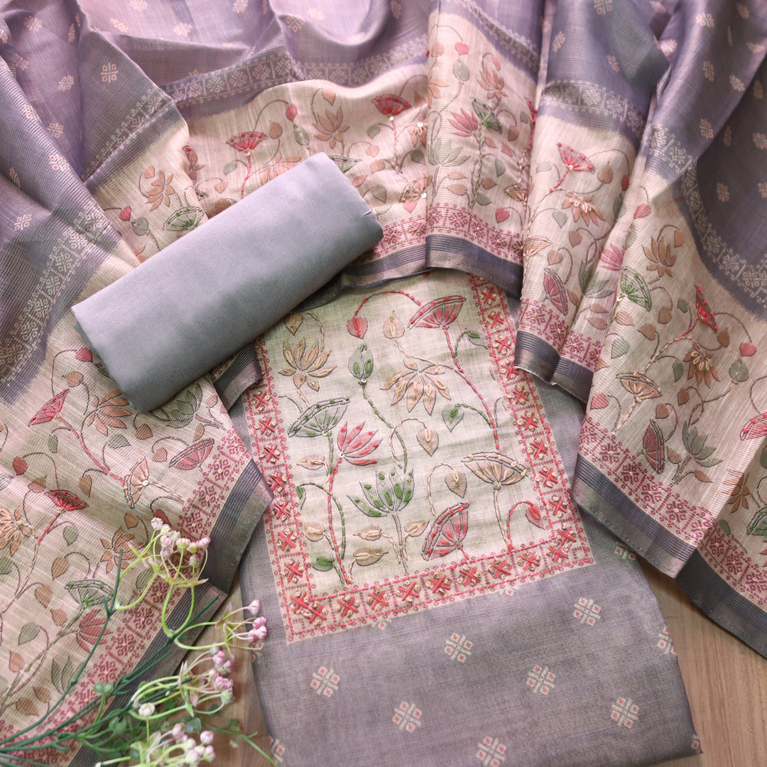 Mahira Chrome Helio French Knot Work in Floral Printed Shimmer Tissue Linen Set