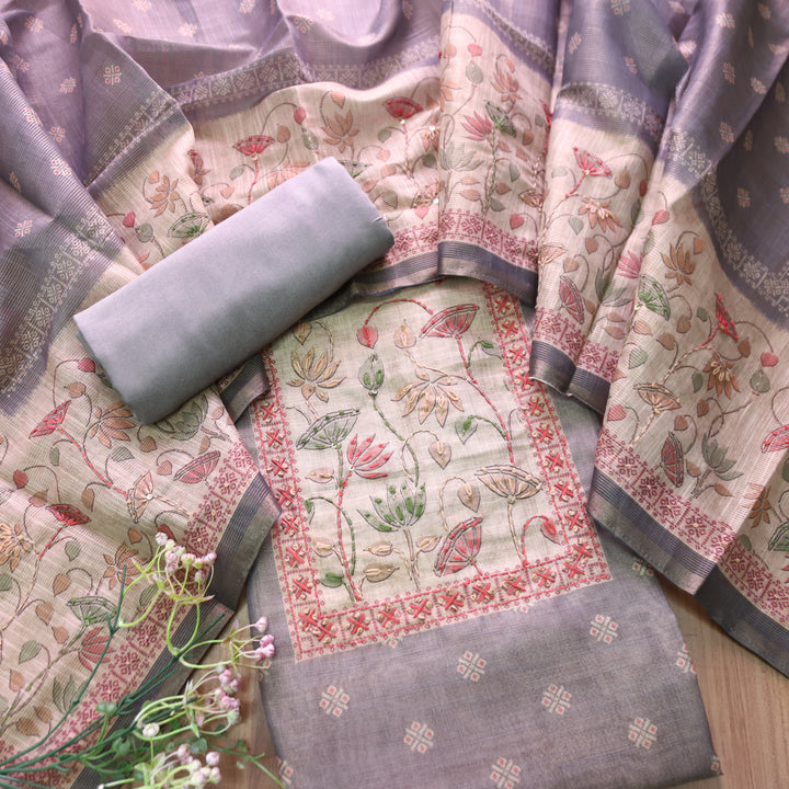 Mahira Chrome Helio French Knot Work in Floral Printed Shimmer Tissue Linen Set