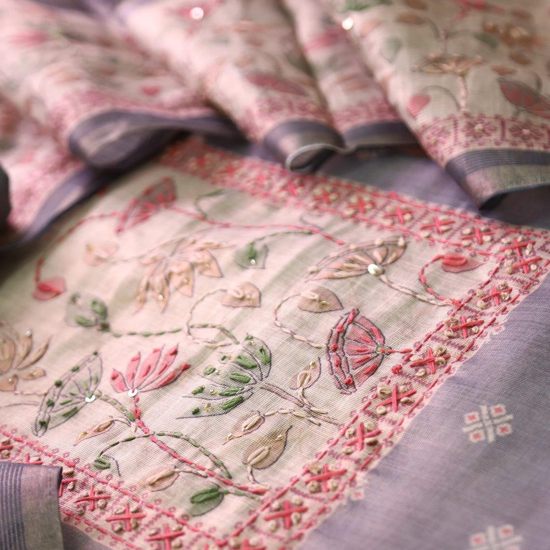 Mahira Chrome Helio French Knot Work in Floral Printed Shimmer Tissue Linen Set