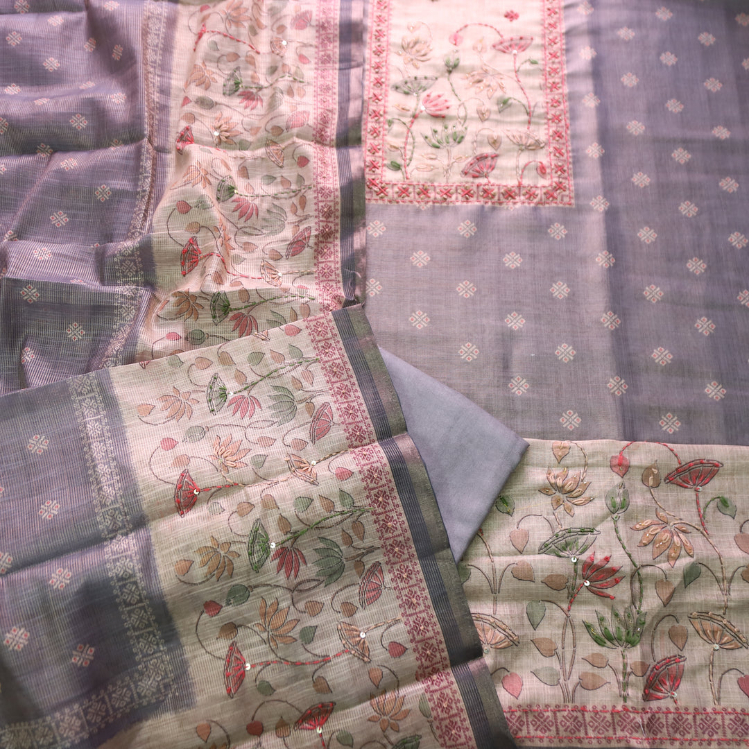 Mahira Chrome Helio French Knot Work in Floral Printed Shimmer Tissue Linen Set
