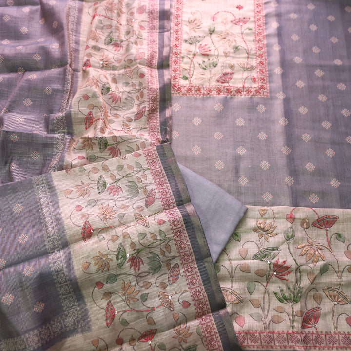 Mahira Chrome Helio French Knot Work in Floral Printed Shimmer Tissue Linen Set