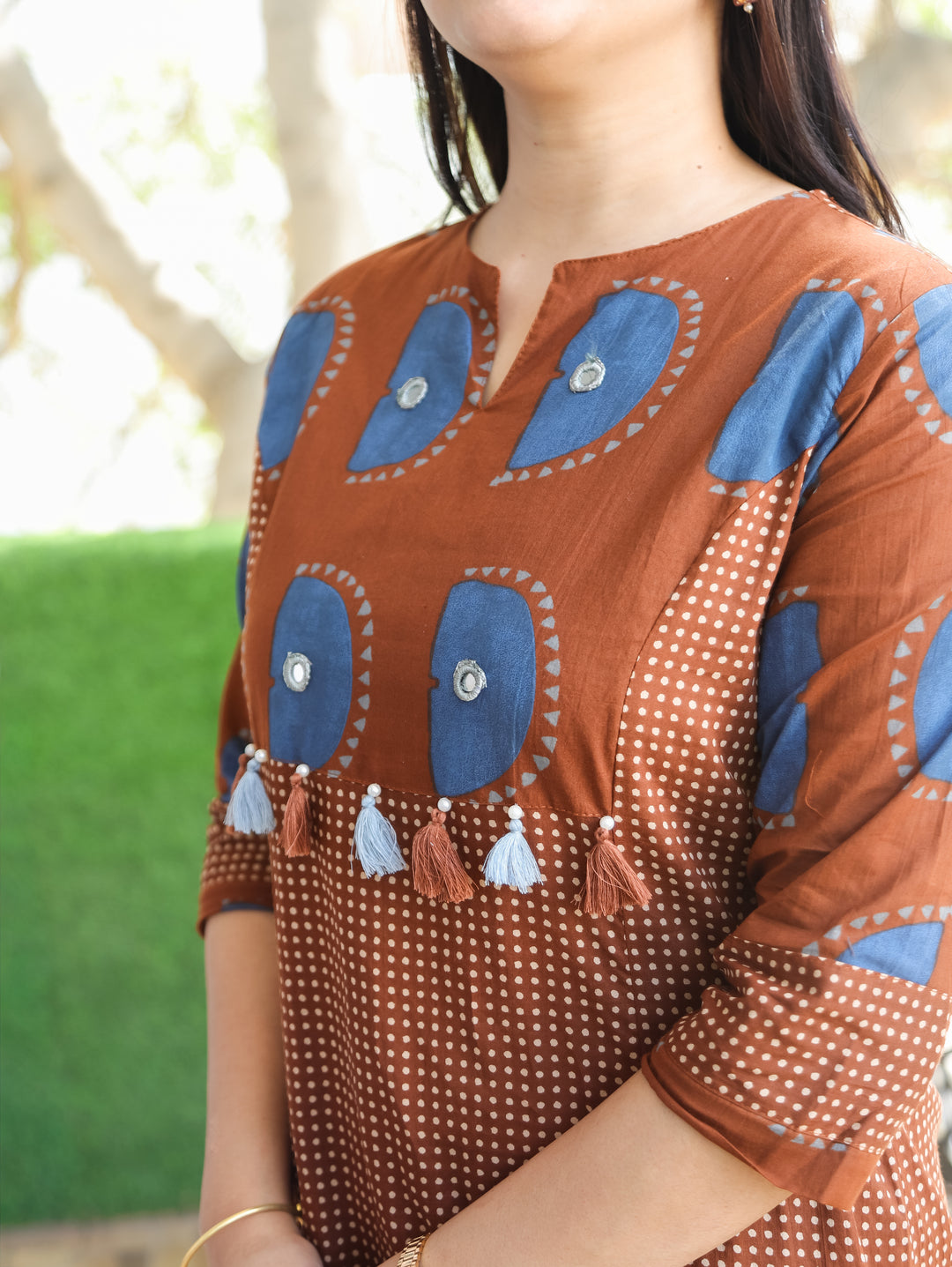 Mishva Choco Brown Printed Neck Front Yoke with Tessals Polka Dot Cotton 2 Piece Set