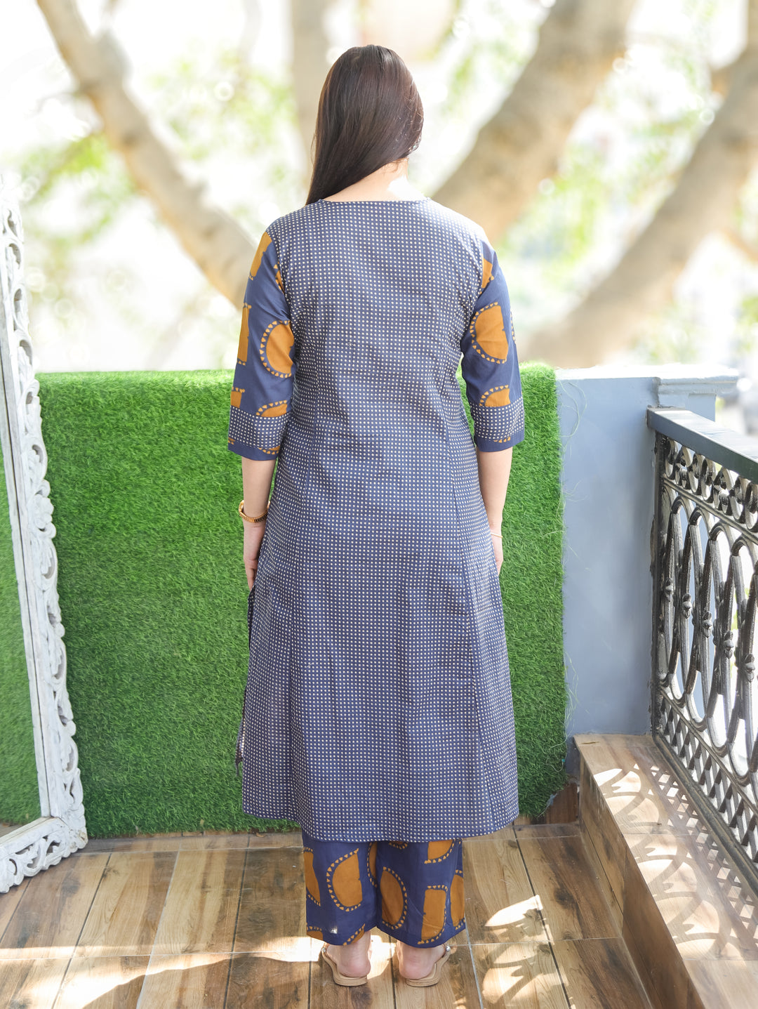 Mishva Navy Blue Printed Neck Front Yoke with Tessals Polka Dot Cotton 2 Piece Set