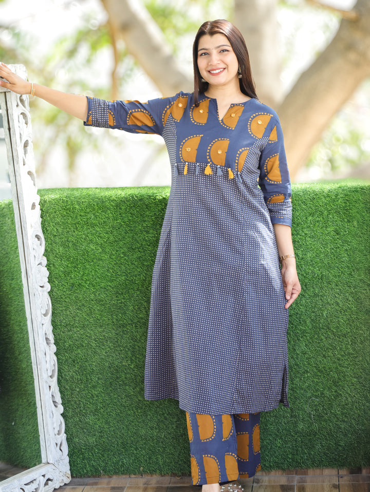 Mishva Navy Blue Printed Neck Front Yoke with Tessals Polka Dot Cotton 2 Piece Set
