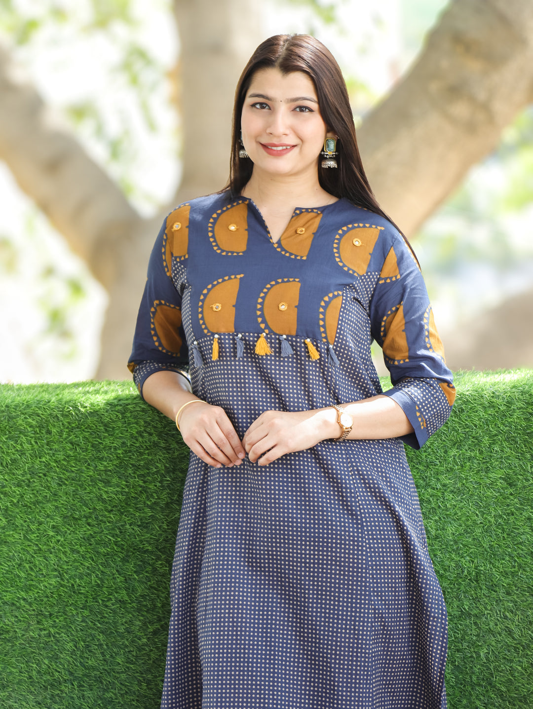 Mishva Navy Blue Printed Neck Front Yoke with Tessals Polka Dot Cotton 2 Piece Set