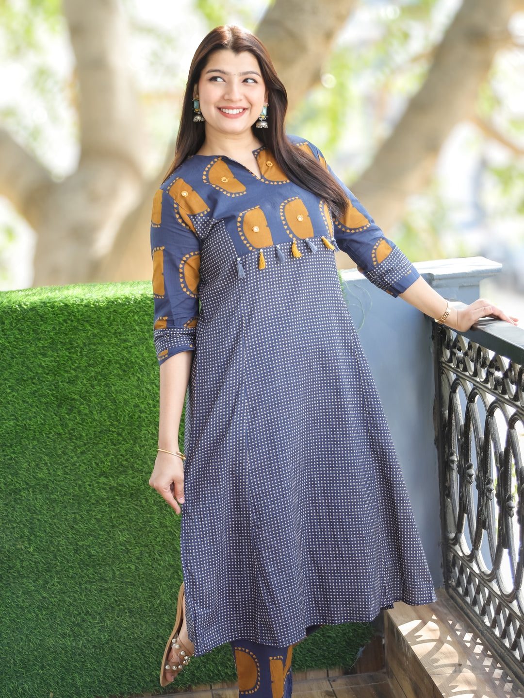 Mishva Navy Blue Printed Neck Front Yoke with Tessals Polka Dot Cotton 2 Piece Set
