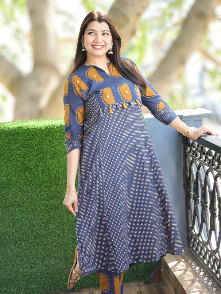 Mishva Navy Blue Printed Neck Front Yoke with Tessals Polka Dot Cotton 2 Piece Set