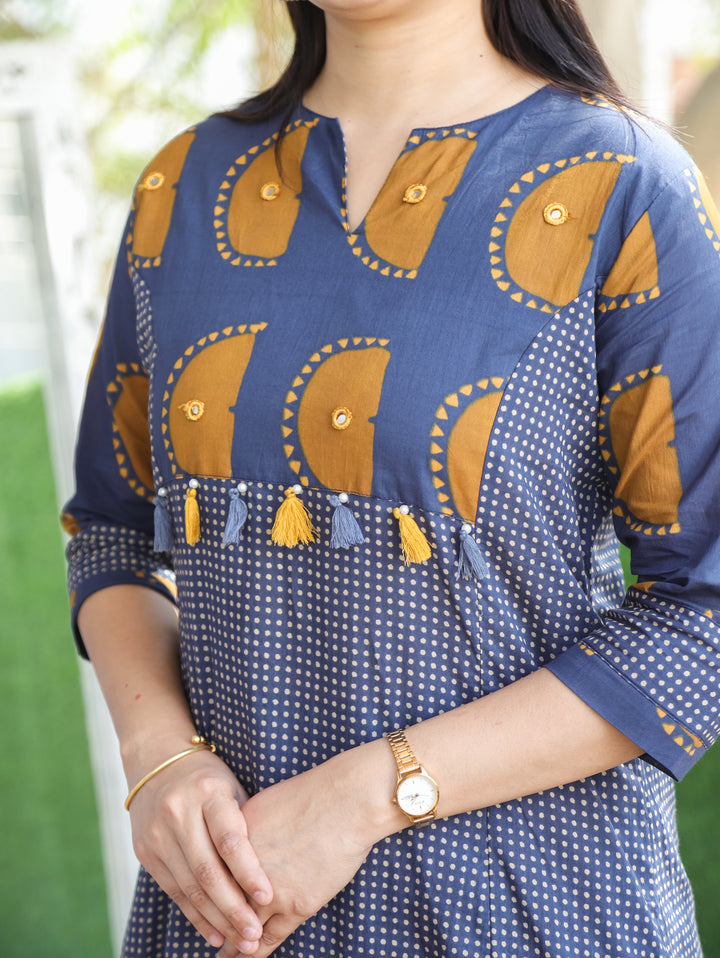 Mishva Navy Blue Printed Neck Front Yoke with Tessals Polka Dot Cotton 2 Piece Set