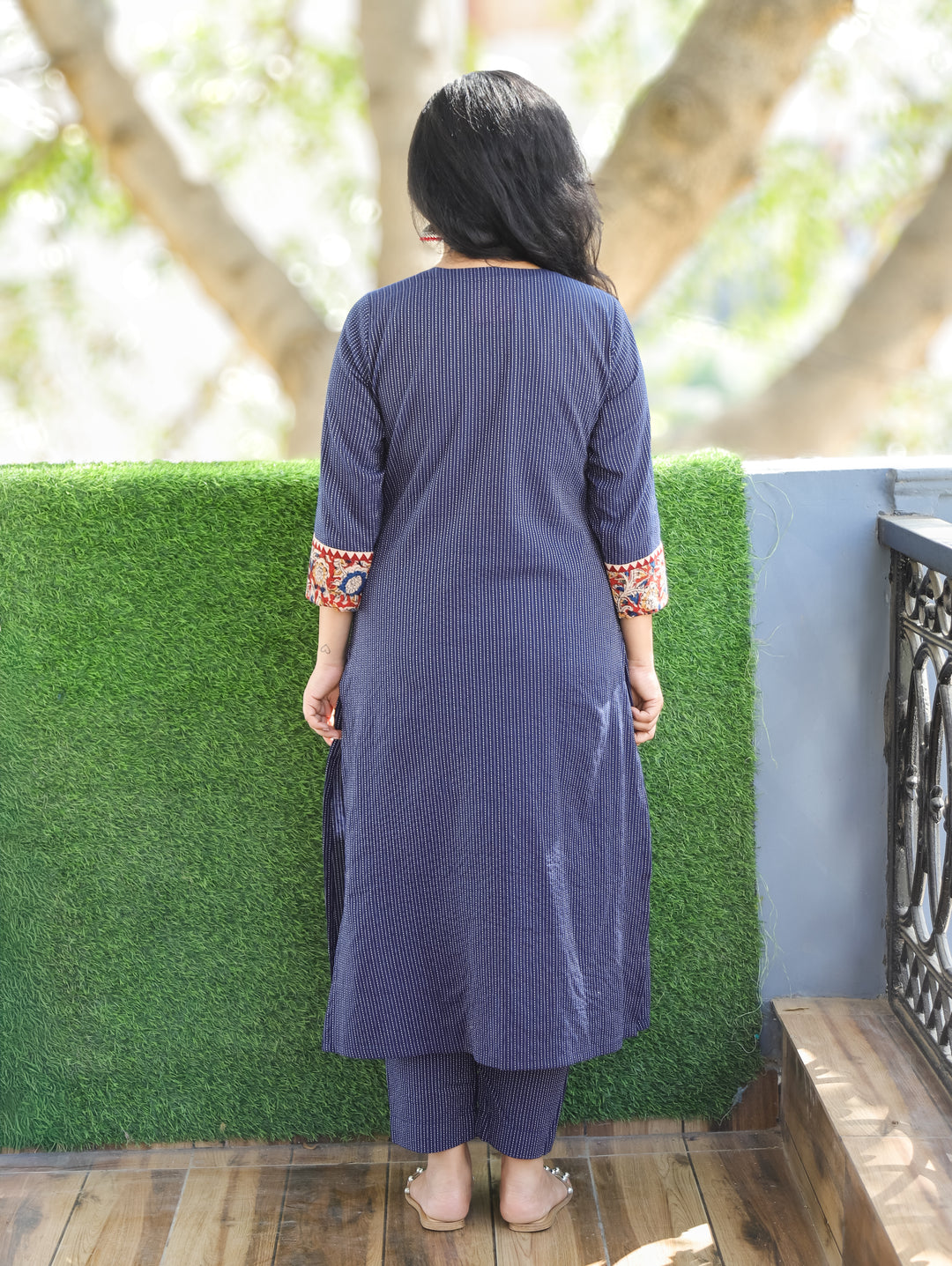 Haniyaa Navy Blue Angrakha Style with Kalamkari Printed Yoke Kantha Cotton Kurti