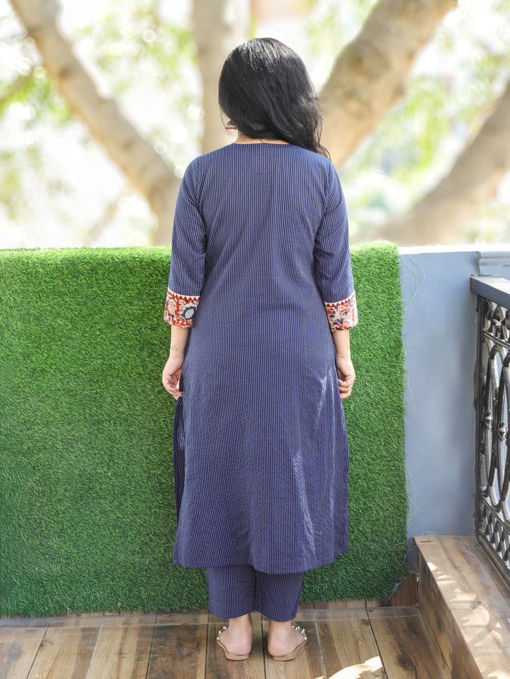 Haniyaa Navy Blue Angrakha Style with Kalamkari Printed Yoke Kantha Cotton Kurti