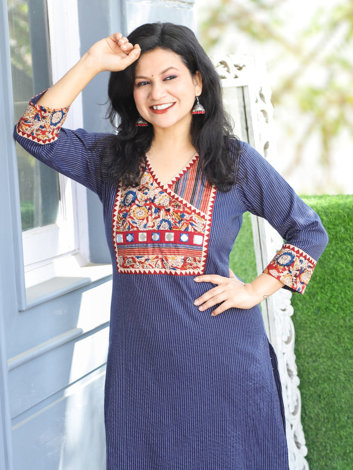 Haniyaa Navy Blue Angrakha Style with Kalamkari Printed Yoke Kantha Cotton Kurti