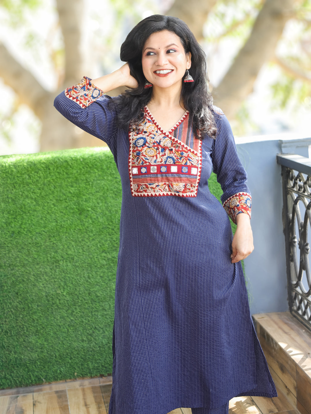 Haniyaa Navy Blue Angrakha Style with Kalamkari Printed Yoke Kantha Cotton Kurti
