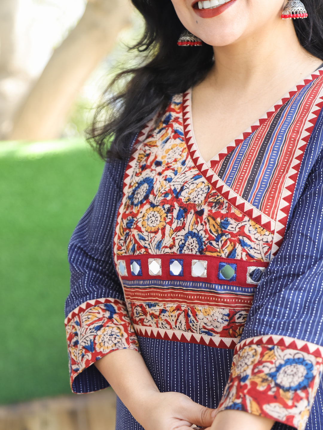 Haniyaa Navy Blue Angrakha Style with Kalamkari Printed Yoke Kantha Cotton Kurti