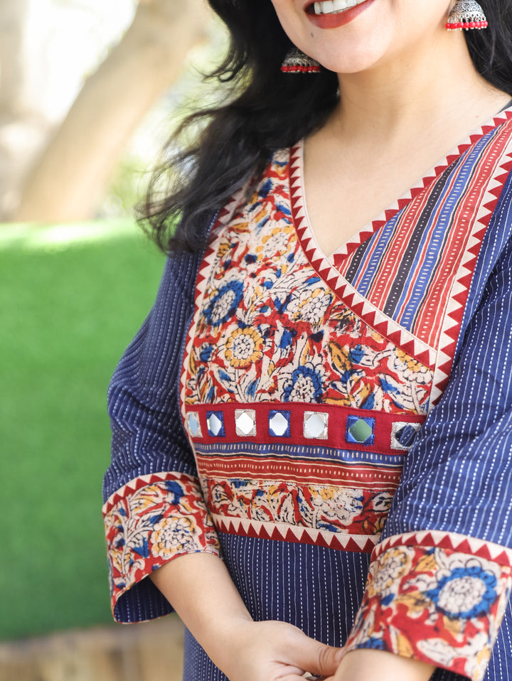 Haniyaa Navy Blue Angrakha Style with Kalamkari Printed Yoke Kantha Cotton Kurti