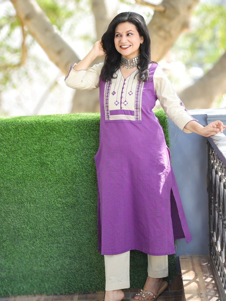 Saundraya Orchid Purple Mirror with Potli Button Work Yoke Running Stitch Cotton Kurti
