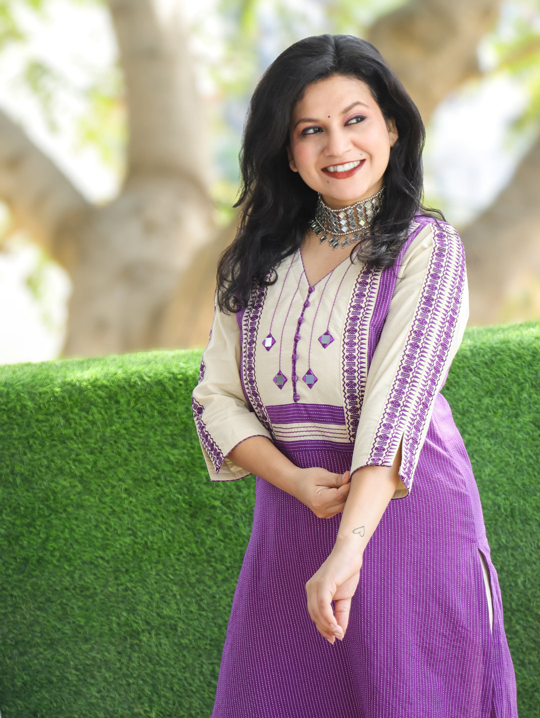 Saundraya Orchid Purple Mirror with Potli Button Work Yoke Running Stitch Cotton Kurti
