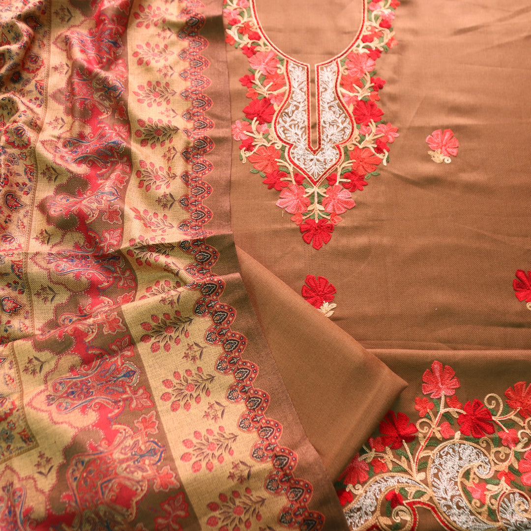 कनक Olive Green Kashida Embroidery Work Semi Pashmina Winter Set