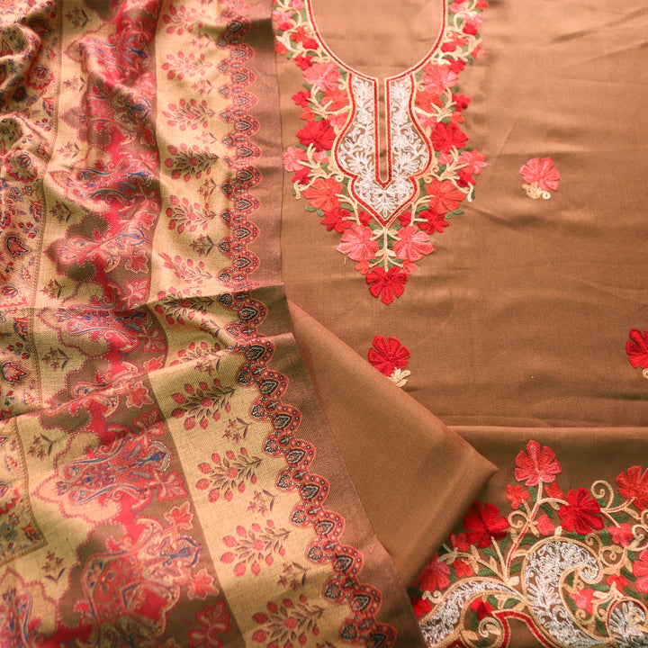 कनक Olive Green Kashida Embroidery Work Semi Pashmina Winter Set