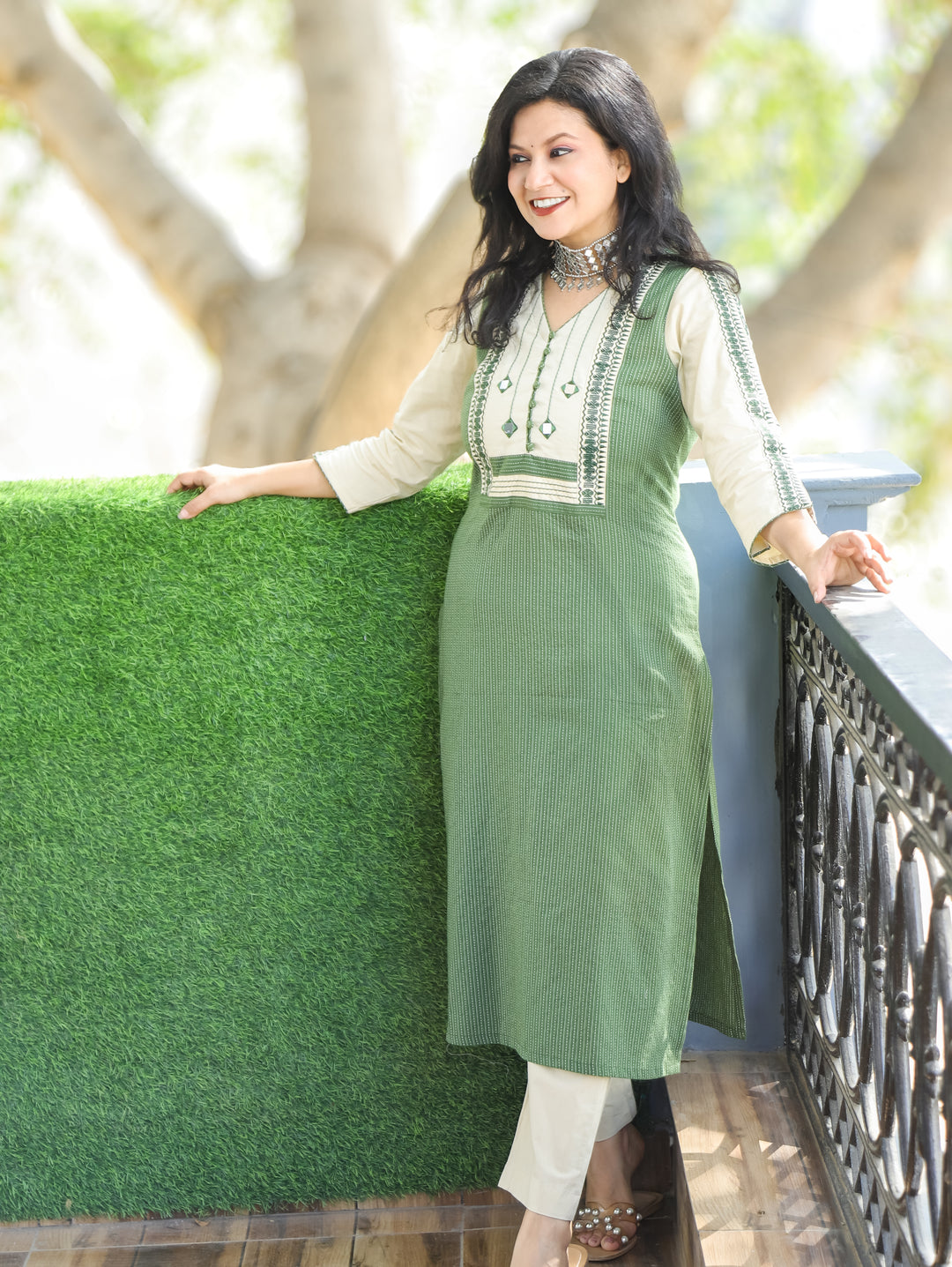 Saundraya Forest Green Mirror with Potli Button Work Yoke Running Stitch Cotton Kurti
