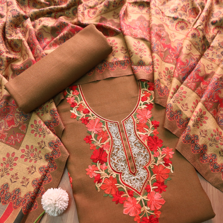 कनक Olive Green Kashida Embroidery Work Semi Pashmina Winter Set