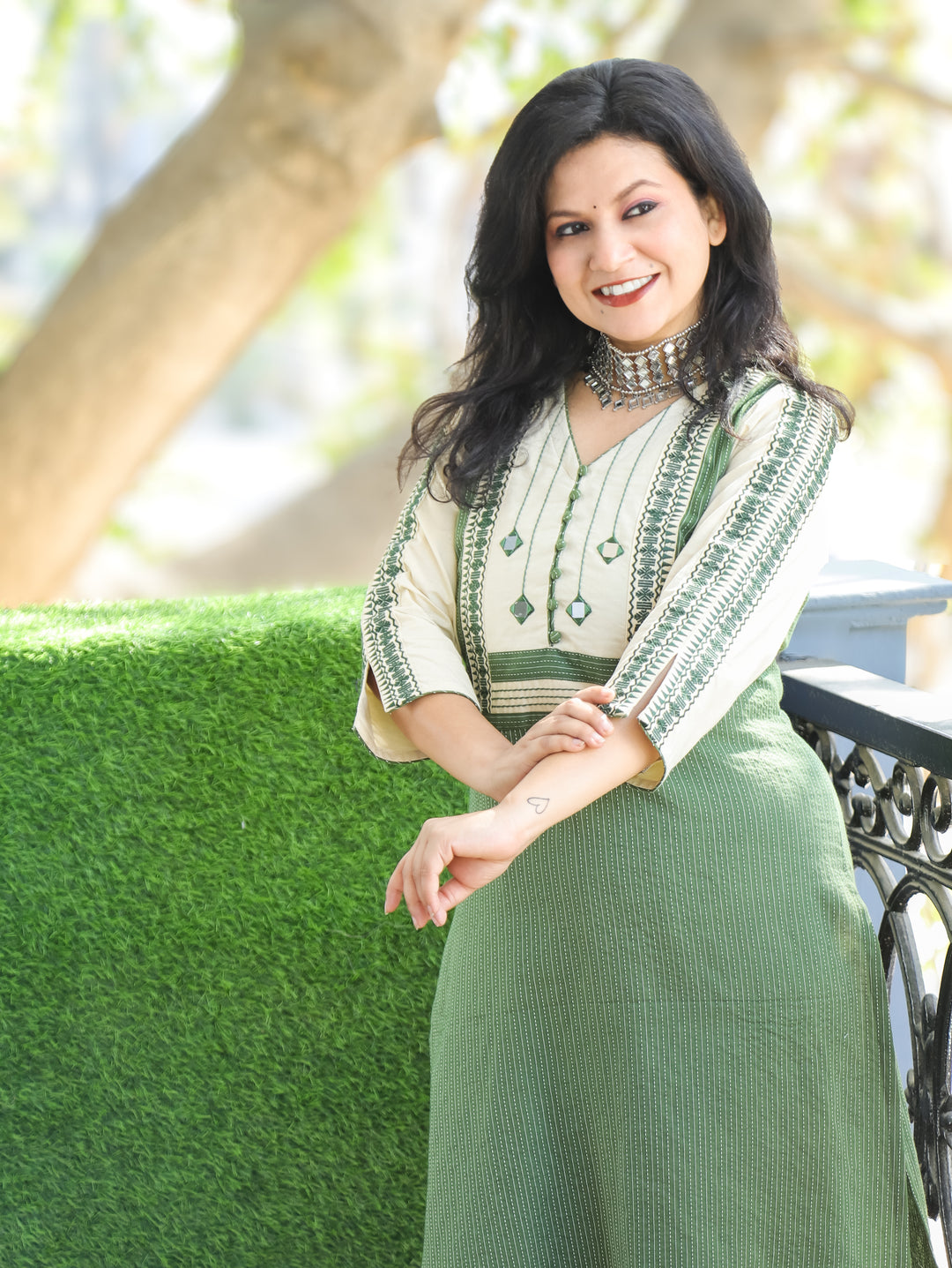 Saundraya Forest Green Mirror with Potli Button Work Yoke Running Stitch Cotton Kurti