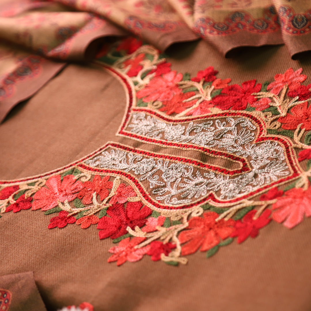 कनक Olive Green Kashida Embroidery Work Semi Pashmina Winter Set