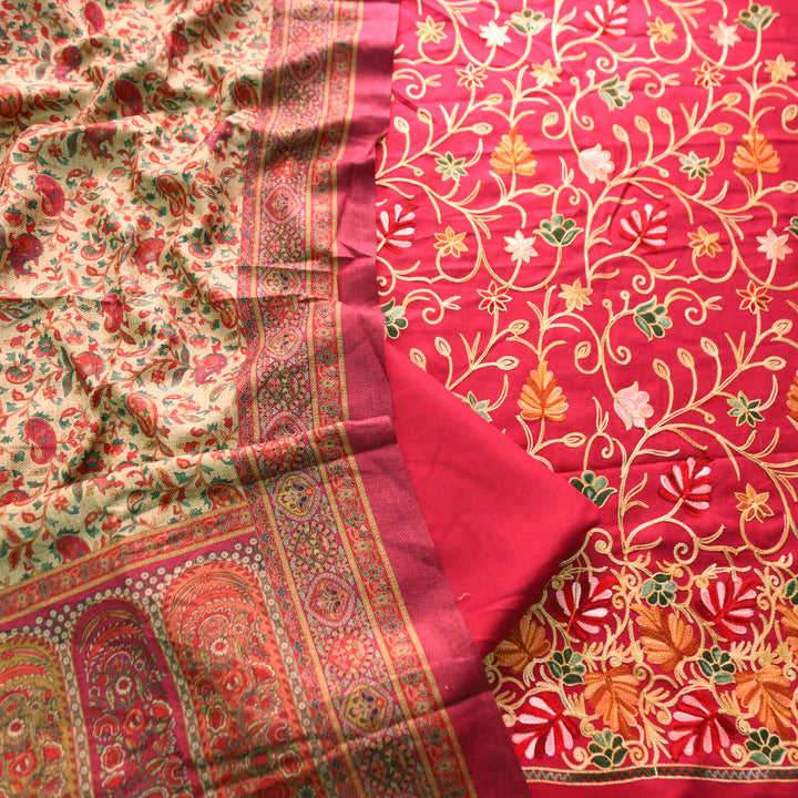 मनोरमा Bright Pink All Over Woven Kashida Embroidery Semi Pashmina Winter Set