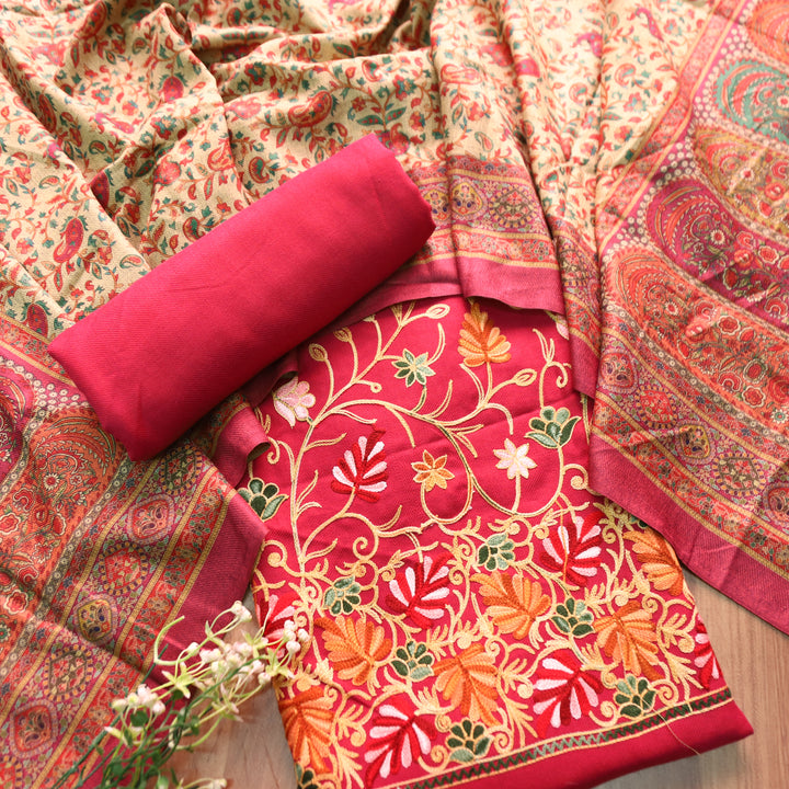 मनोरमा Bright Pink All Over Woven Kashida Embroidery Semi Pashmina Winter Set