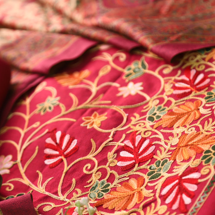 मनोरमा Bright Pink All Over Woven Kashida Embroidery Semi Pashmina Winter Set
