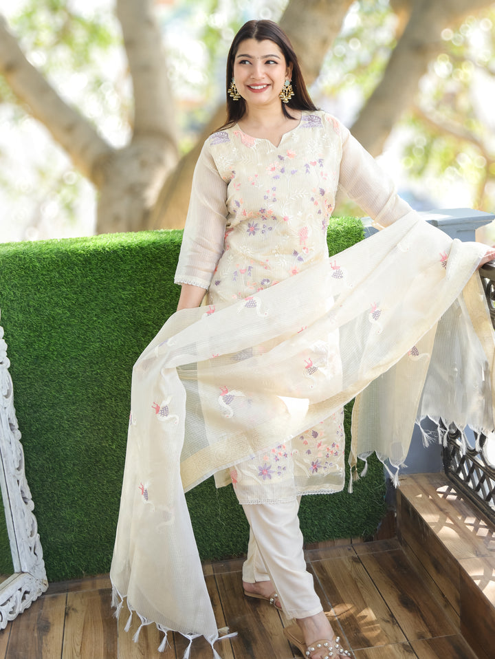 Kaveri Sand Beige Bird Thread Embroidered Work Shimmer Tissue Kota Doriya 3 Piece Set