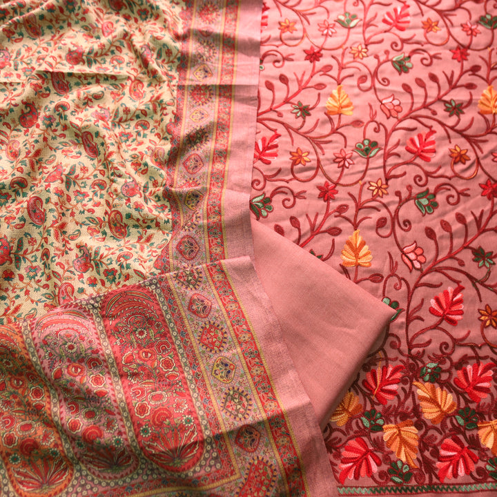 मनोरमा Soft Mauve All Over Woven Kashida Embroidery Semi Pashmina Winter Set