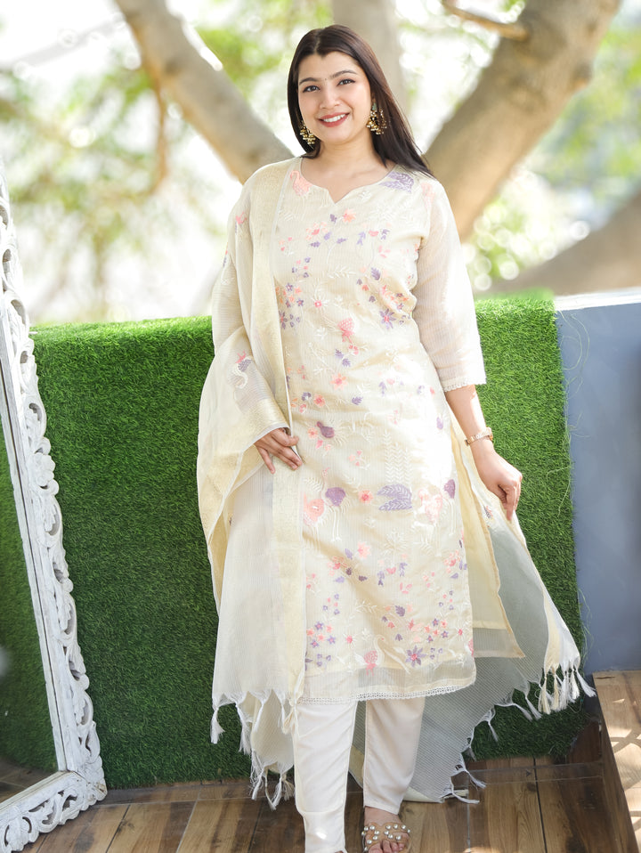 Kaveri Sand Beige Bird Thread Embroidered Work Shimmer Tissue Kota Doriya 3 Piece Set