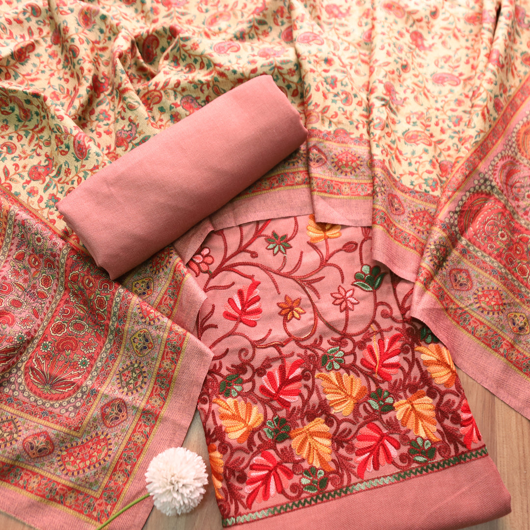 मनोरमा Soft Mauve All Over Woven Kashida Embroidery Semi Pashmina Winter Set