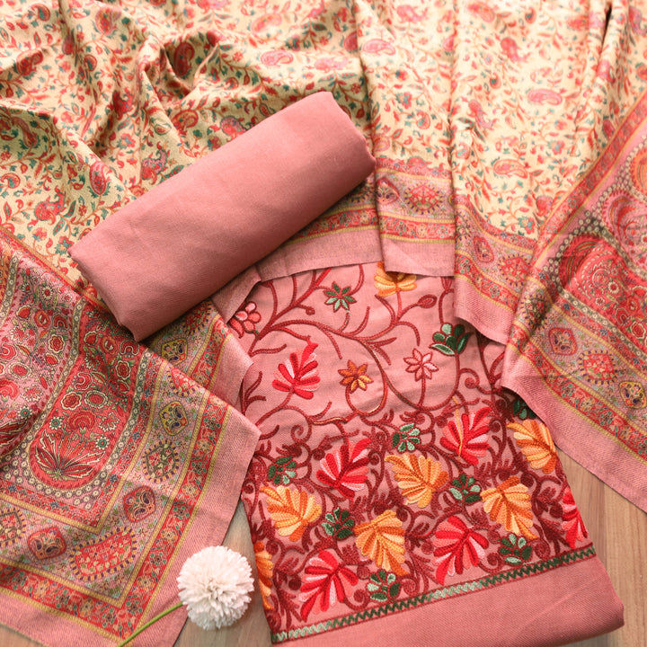 मनोरमा Soft Mauve All Over Woven Kashida Embroidery Semi Pashmina Winter Set