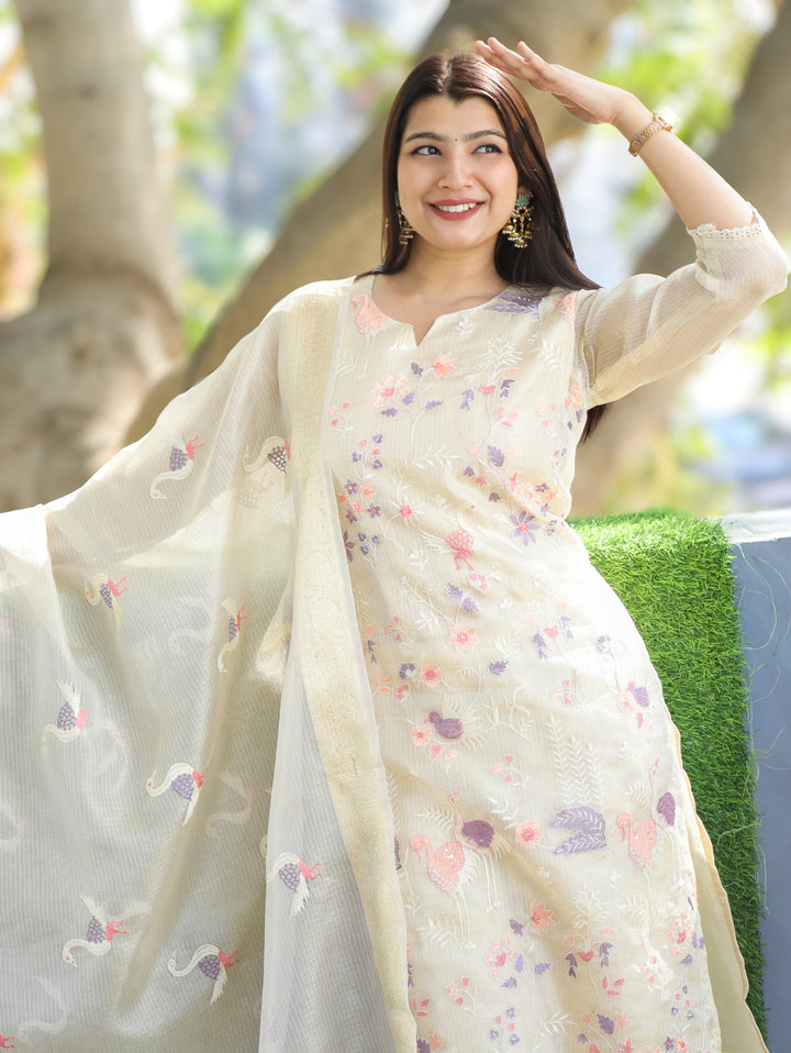 Kaveri Sand Beige Bird Thread Embroidered Work Shimmer Tissue Kota Doriya 3 Piece Set