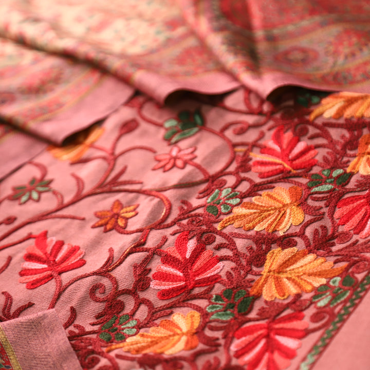 मनोरमा Soft Mauve All Over Woven Kashida Embroidery Semi Pashmina Winter Set