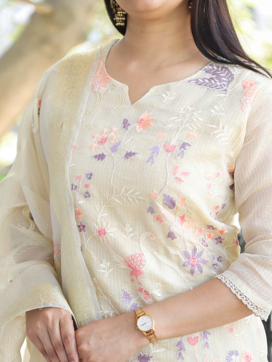 Kaveri Sand Beige Bird Thread Embroidered Work Shimmer Tissue Kota Doriya 3 Piece Set
