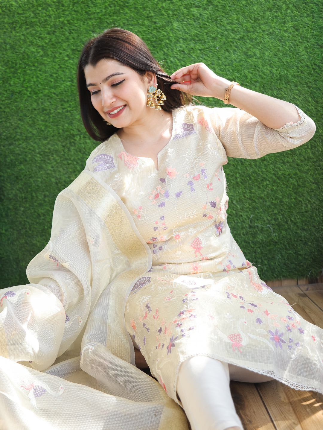 Kaveri Sand Beige Bird Thread Embroidered Work Shimmer Tissue Kota Doriya 3 Piece Set