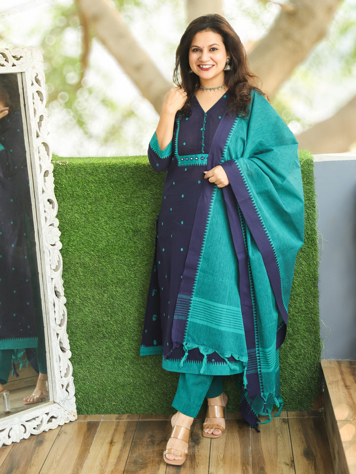 Yakisa Denim Blue Potli Button Mirror Yoke Thread Weaved South Cotton 3 Piece Set