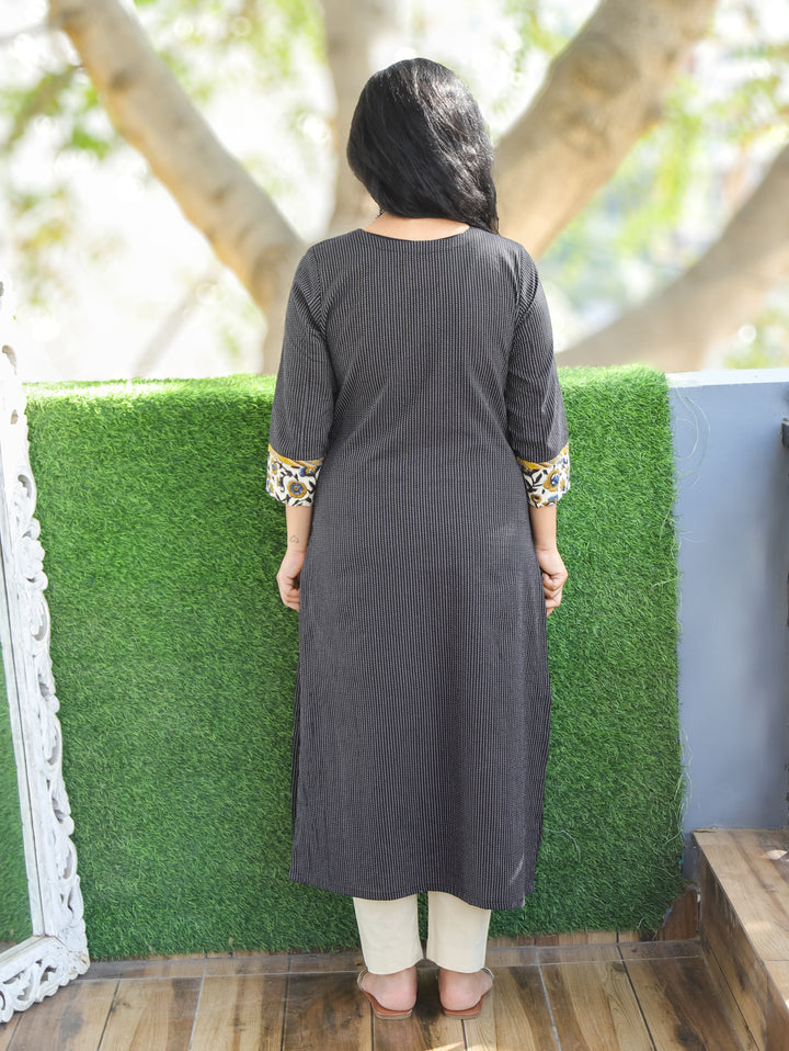 Haniyaa Midnight Black Angrakha Style with Ajrak Printed Yoke Kantha Cotton Kurti-D2