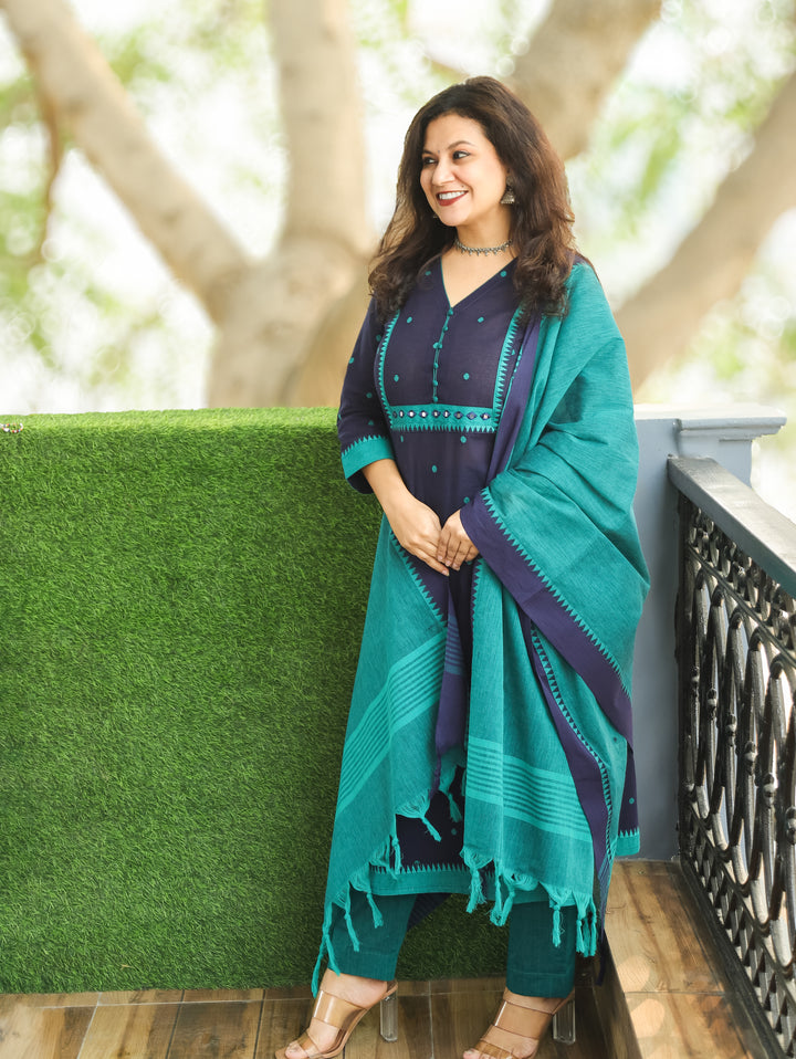 Yakisa Denim Blue Potli Button Mirror Yoke Thread Weaved South Cotton 3 Piece Set