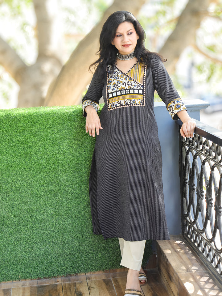 Haniyaa Midnight Black Angrakha Style with Ajrak Printed Yoke Kantha Cotton Kurti-D2