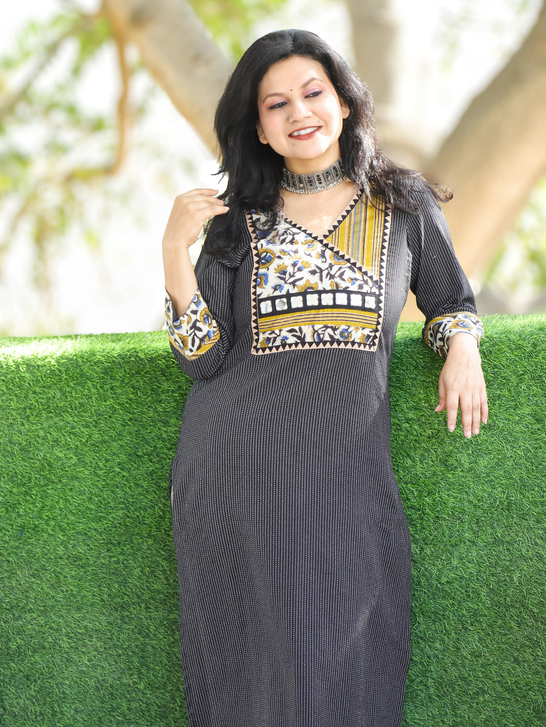 Haniyaa Midnight Black Angrakha Style with Ajrak Printed Yoke Kantha Cotton Kurti-D2