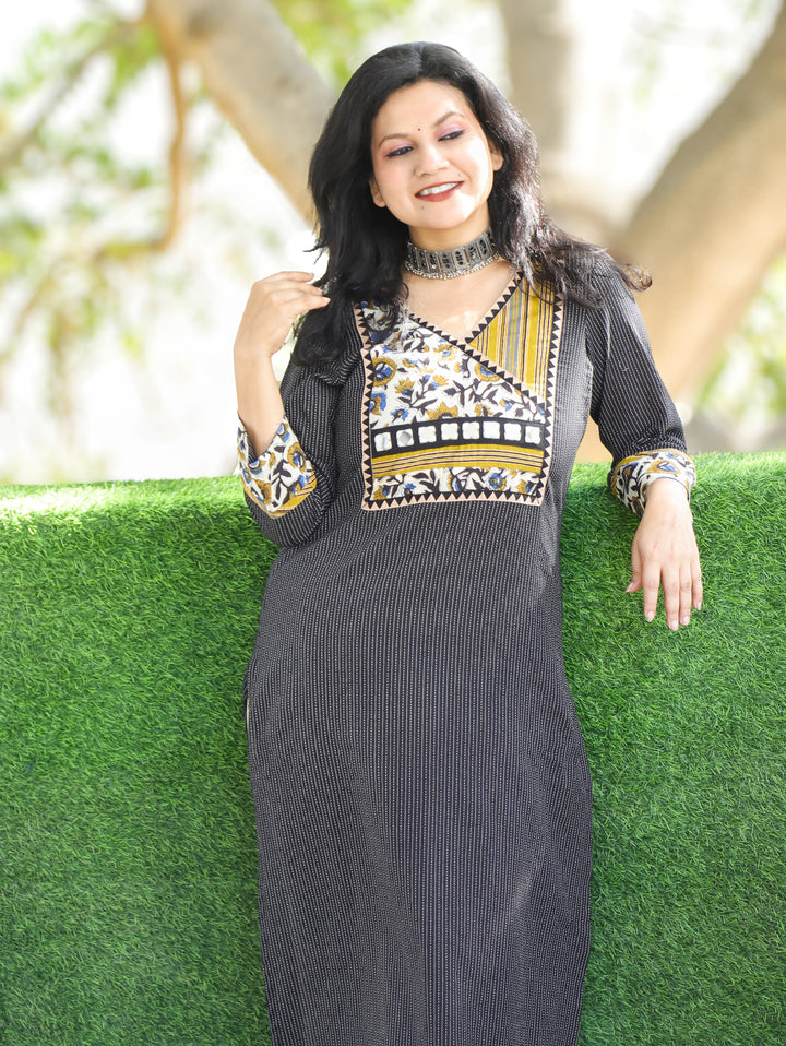 Haniyaa Midnight Black Angrakha Style with Ajrak Printed Yoke Kantha Cotton Kurti-D2