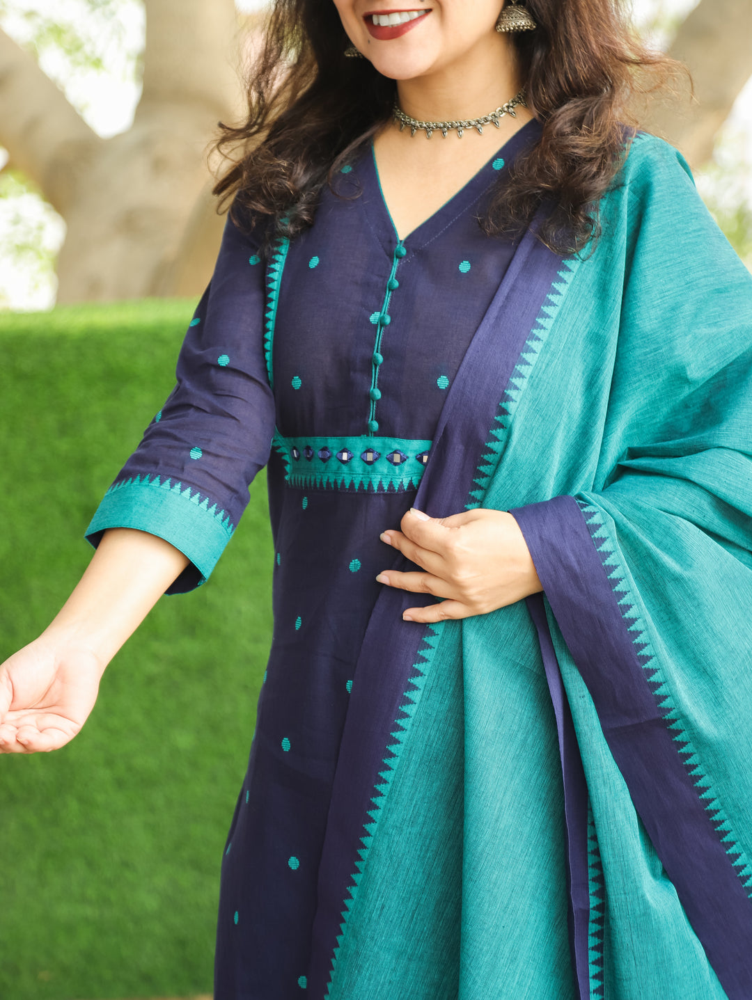 Yakisa Denim Blue Potli Button Mirror Yoke Thread Weaved South Cotton 3 Piece Set