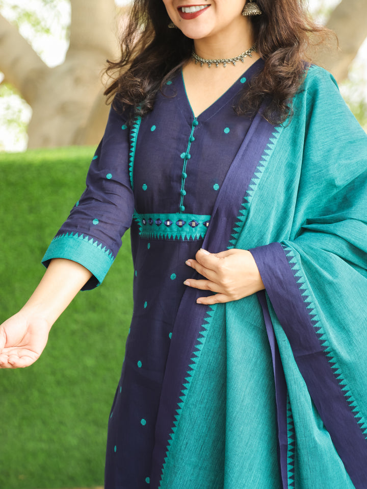 Yakisa Denim Blue Potli Button Mirror Yoke Thread Weaved South Cotton 3 Piece Set