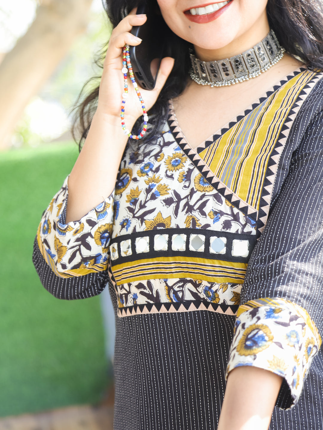 Haniyaa Midnight Black Angrakha Style with Ajrak Printed Yoke Kantha Cotton Kurti-D2