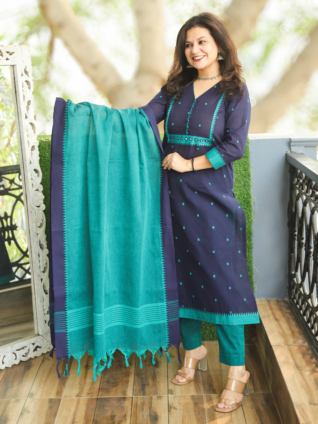 Yakisa Denim Blue Potli Button Mirror Yoke Thread Weaved South Cotton 3 Piece Set