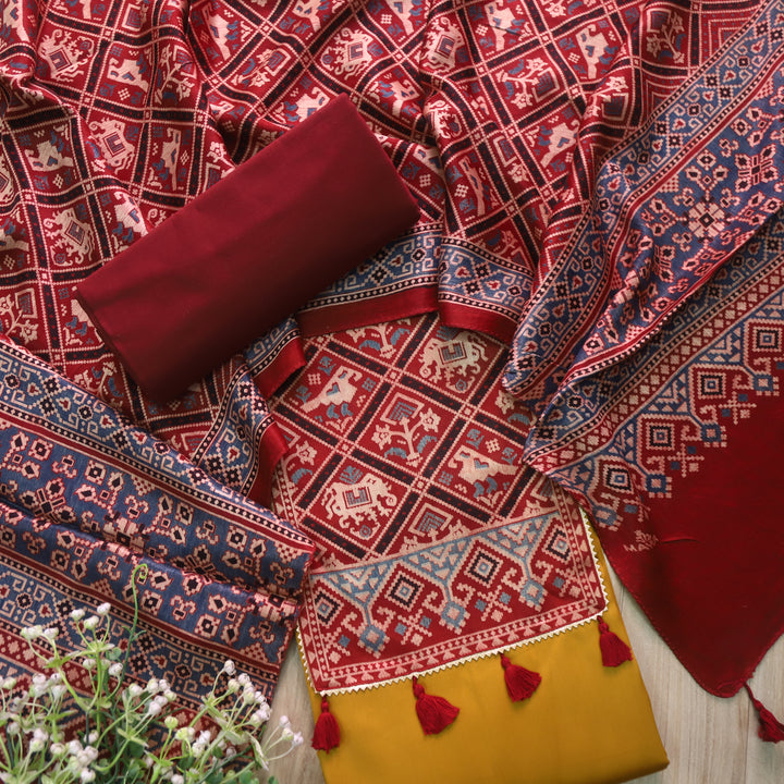 Kushal Dijon Yellow Glazed Cotton Top and Printed Mashru Dupatta-D3
